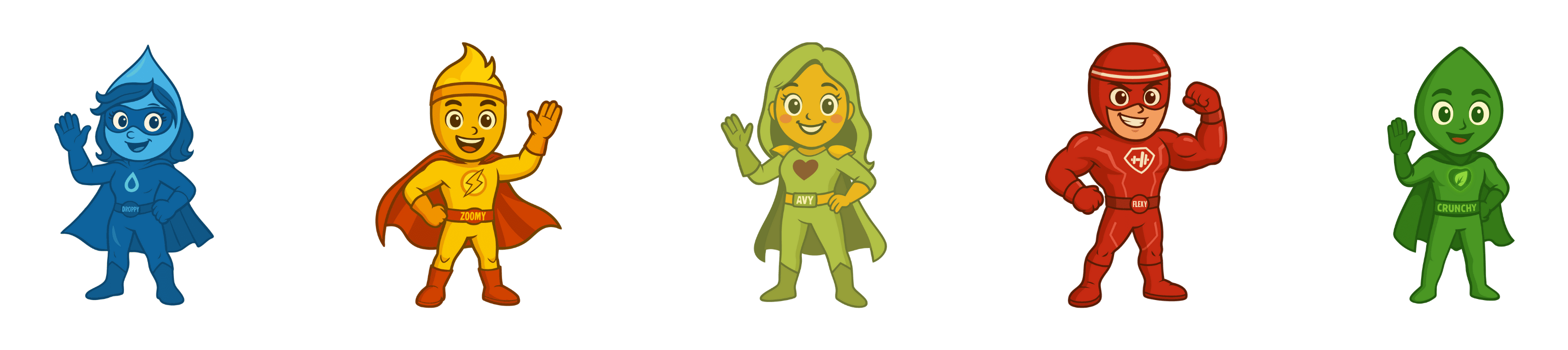 Five colorful superhero characters on a green background